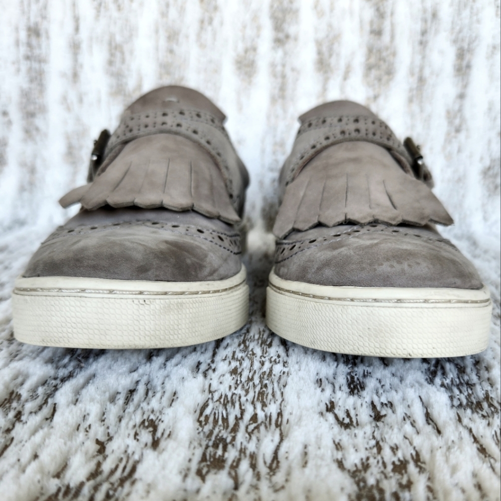 Frye "Gemma Kiltie" Gray Suede Wingtip Fringe Slip On Sneaker | Women's Size 7 - Picture 3 of 11
